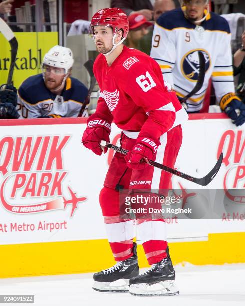 Xavier Ouellet of the Detroit Red Wings skates up ice against the Buffalo Sabres during an NHL game at Little Caesars Arena on February 22, 2018 in...