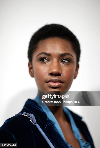 Model backstage prior to the Juicy Couture show during the London Fashion Week Festival February 2018 on February 25, 2018 in London, United Kingdom.