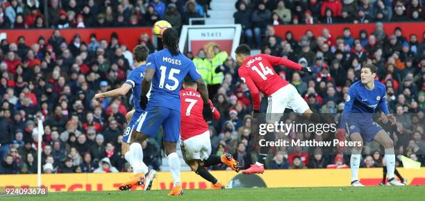 Jesse Lingard of Manchester United scores their second goal during the Premier League match between Manchester United and Chelsea at Old Trafford on...