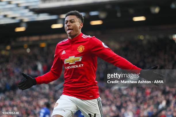 Jesse Lingard of Manchester United celebrates after scoring a goal to make it 2-1 during the Premier League match between Manchester United and...