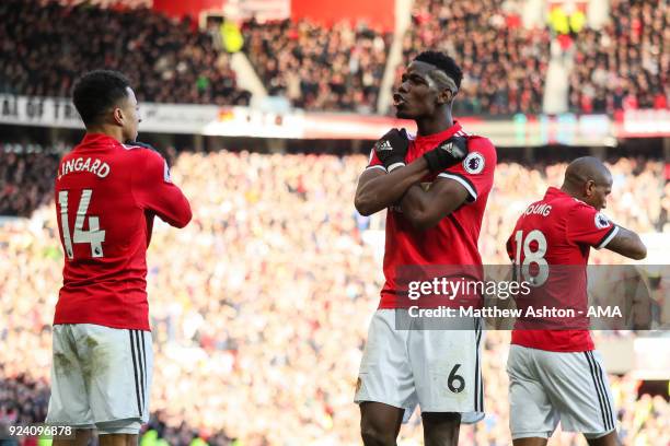 Jesse Lingard of Manchester United celebrates with Paul Pogba of Manchester United after scoring a goal to make it 2-1 during the Premier League...