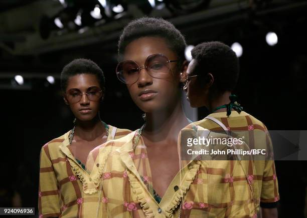 Model walks the catwalk at the Trend show during the London Fashion Week Festival February 2018 on February 25, 2018 in London, United Kingdom.
