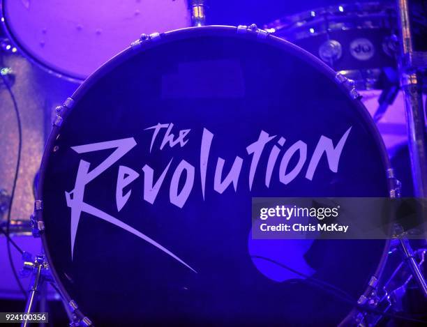 The Revolution logo on Bobby Z.'s bass drum head before a concert at The Tabernacle on February 24, 2018 in Atlanta, Georgia.