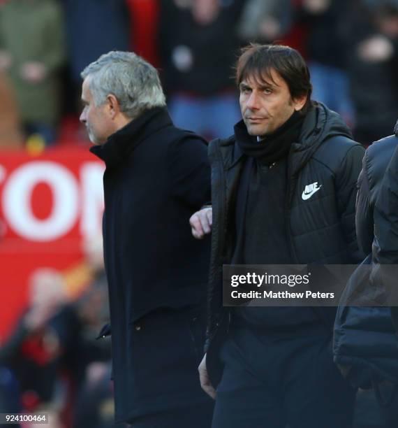 Manager Jose Mourinho of Manchester United shakes hands with Manager Antonio Conte of Chelsea after the Premier League match between Manchester...