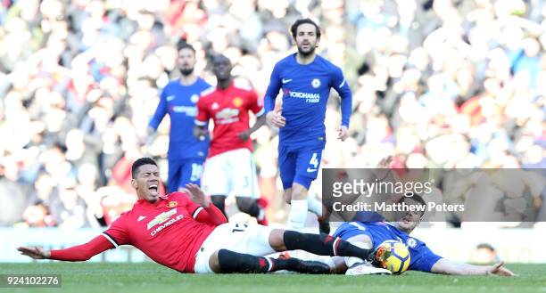 Chris Smalling of Manchester United in action with Alvaro Morata of Chelsea during the Premier League match between Manchester United and Chelsea at...