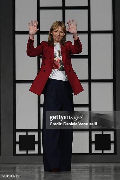 Designer Gaia Trussardi acknowledge the applause of the audience at the Trussardi show during Milan Fashion Week Fall/Winter 2018/19 on February 25,...