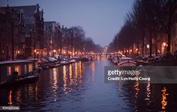 amsterdam canal in winter at night - lyn holly coorg stock pictures, royalty-free photos & images