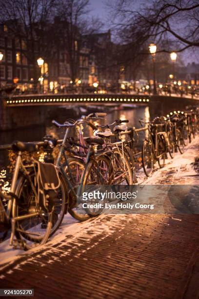 bicycles at night in winter in amsterdam - lyn holly coorg stock pictures, royalty-free photos & images