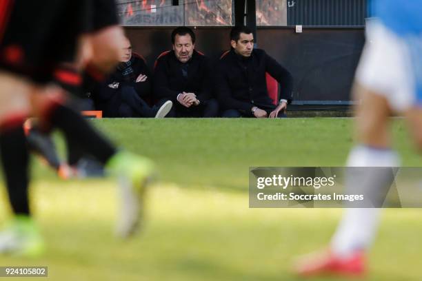 Assistant trainer Jan Wouters of Feyenoord, assistant trainer Jean Paul van Gastel of Feyenoord, coach Giovanni van Bronckhorst of Feyenoord during...