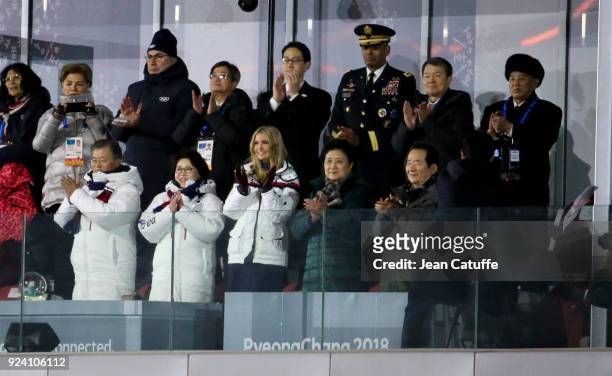 President of South Korea Moon Jae-in, his wife Kim Jung-sook, Ivanka Trump, top right General Kim Yong Chol of North Korea attend the closing...