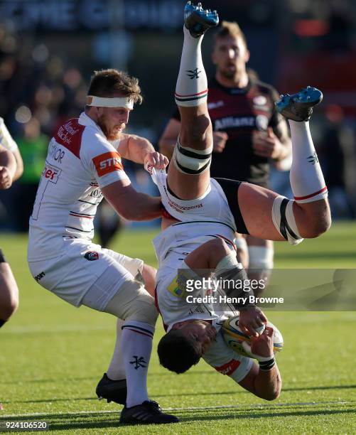 Mike Williams of Leicester Tigers lands on his head after catching a high ball during the Aviva Premiership match between Saracens and Leicester...