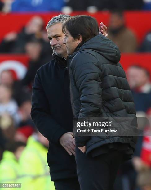 Manager Jose Mourinho of Manchester United and Manager Antonio Conte of Chelsea shake hands after the Premier League match between Manchester United...