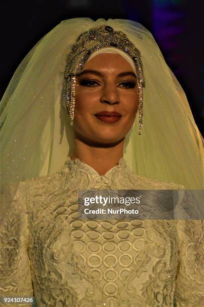 Model walks the runway during a fashion show within the 1st Wedding Preparations Festival in Ankara, Turkey on February 25, 2018.