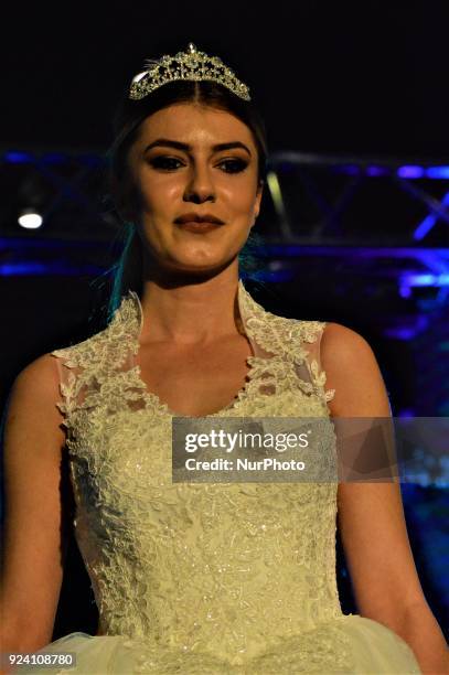 Model walks the runway during a fashion show within the 1st Wedding Preparations Festival in Ankara, Turkey on February 25, 2018.