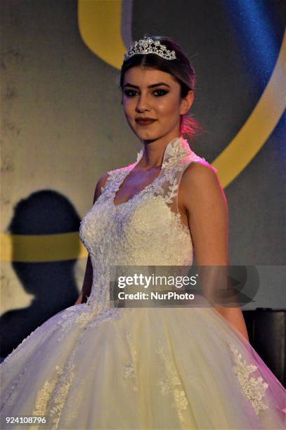 Model walks the runway during a fashion show within the 1st Wedding Preparations Festival in Ankara, Turkey on February 25, 2018.