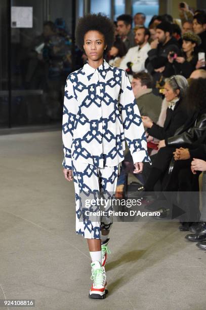 Model walks the runway at the MSGM show during Milan Fashion Week Fall/Winter 2018/19 on February 25, 2018 in Milan, Italy.