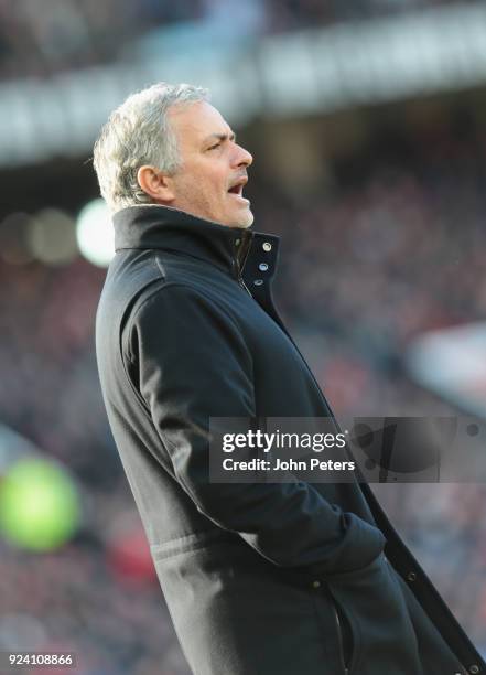 Manager Jose Mourinho of Manchester United watches from the touchline during the Premier League match between Manchester United and Chelsea at Old...