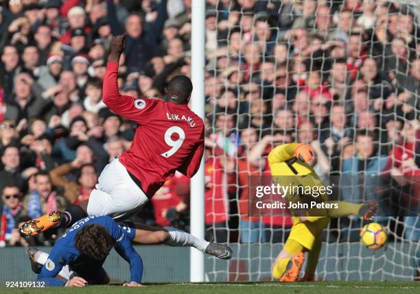 Romelu Lukaku of Manchester United scores their first goal during the Premier League match between Manchester United and Chelsea at Old Trafford on...