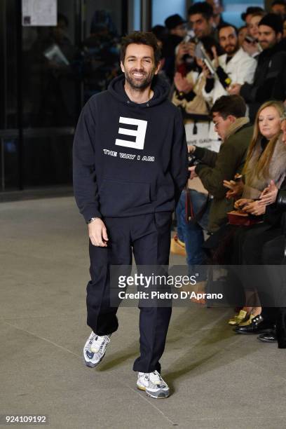 Designer Massimo Giorgetti walks the runway after the MSGM show during Milan Fashion Week Fall/Winter 2018/19 on February 25, 2018 in Milan, Italy.
