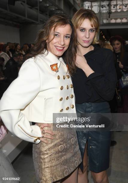 Silvia Grilli and Elena Radonicich attend the Trussardi show during Milan Fashion Week Fall/Winter 2018/19 on February 25, 2018 in Milan, Italy.