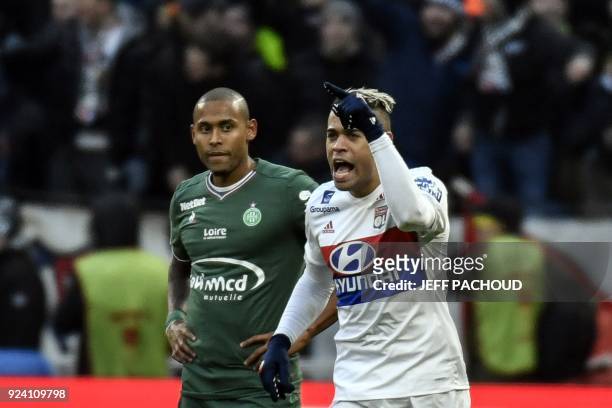 Lyon's Spanish forward Mariano Diaz celebrates after scoring a goal during the French L1 football match Olympique Lyonnais versus AS Saint-Etienne on...