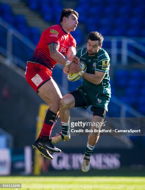 London Irish's James Marshall and Worcester Warriors' Bryce Heem compete for a high ball during the Aviva Premiership match between London Irish and...