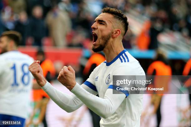 Nabil Bentaleb celebrates the second goal during the Bundesliga match between Bayer 04 Leverkusen and FC Schalke 04 at BayArena on February 25, 2018...