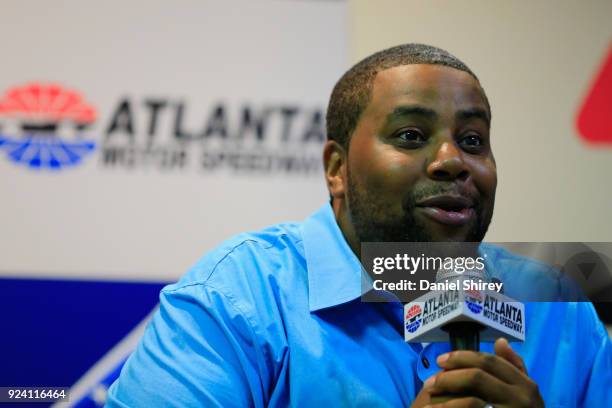 American actor Kenan Thompsan speaks to the media during a press conference prior to the Monster Energy NASCAR Cup Series Folds of Honor QuikTrip 500...