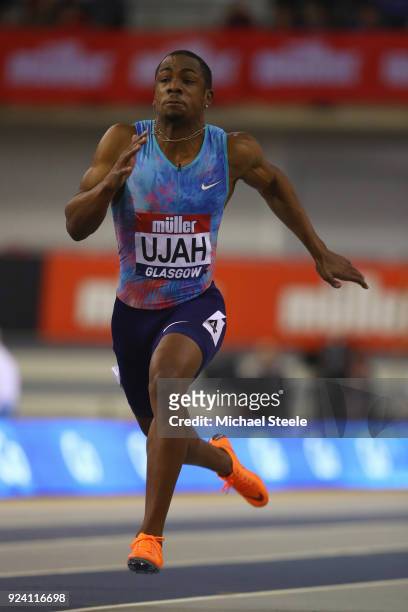 Chijindu Ujah of Great Britain during the men's 60m heats during the Muller Indoor Grand Prix at Emirates Arena on February 25, 2018 in Glasgow,...