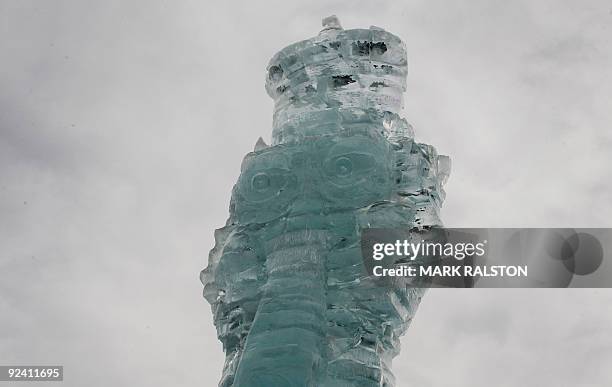 The 48 foot tall sculpture of the character "Scrat" from the movie " Ice Age: Dawn of the Dinosaurs" made by ice sculptors Kevin Roscoe and Peter...