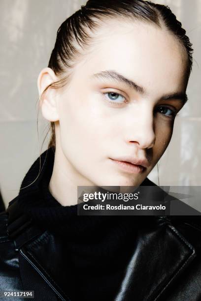 Model Nina Marker is seen backstage ahead of the Philosophy Di Lorenzo Serafini show during Milan Fashion Week Fall/Winter 2018/19 on February 24,...