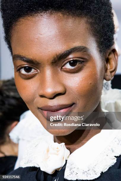 Model Aube Jolicoeur is seen backstage ahead of the Philosophy Di Lorenzo Serafini show during Milan Fashion Week Fall/Winter 2018/19 on February 24,...