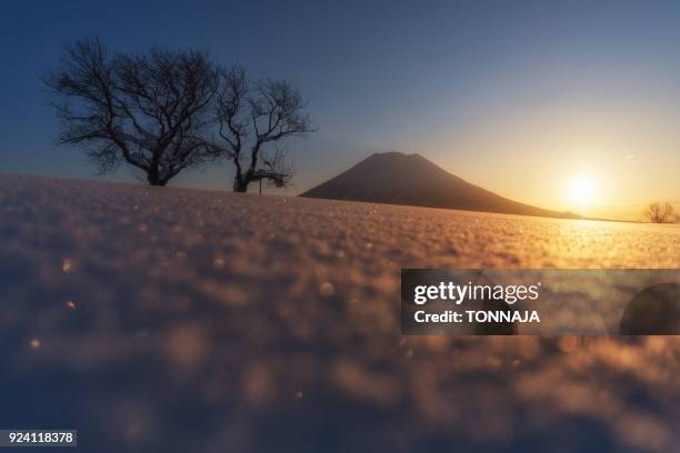 landscape of mt yotei, hokkaido, japan in winter season - vulkan yotei stock-fotos und bilder