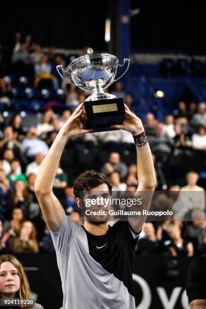 Karen Klaasen celebrae his winning with the trophy during Single Final of Tennis Open 13 on February 25, 2018 in Marseille, France.