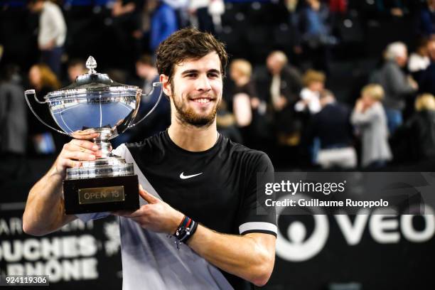 Karen Klaasen celebrae his winning with the trophy during Single Final of Tennis Open 13 on February 25, 2018 in Marseille, France.