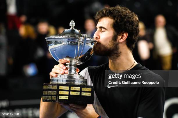 Karen Klaasen celebrae his winning with the trophy during Single Final of Tennis Open 13 on February 25, 2018 in Marseille, France.