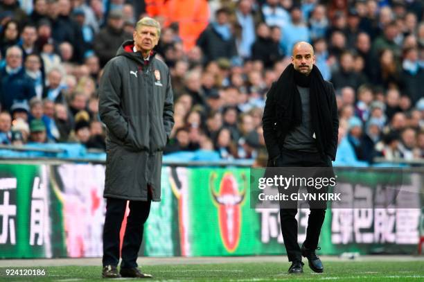 Manchester City's Spanish manager Pep Guardiola and Arsenal's French manager Arsene Wenger watch from the touchline during the English League Cup...