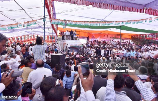 Former Chief Minister Bhupinder Singh Hooda during the Jan-Kranti Rath Yatra Rally at Hodal Mandi, on February 25, 2018 in Palwal, India.