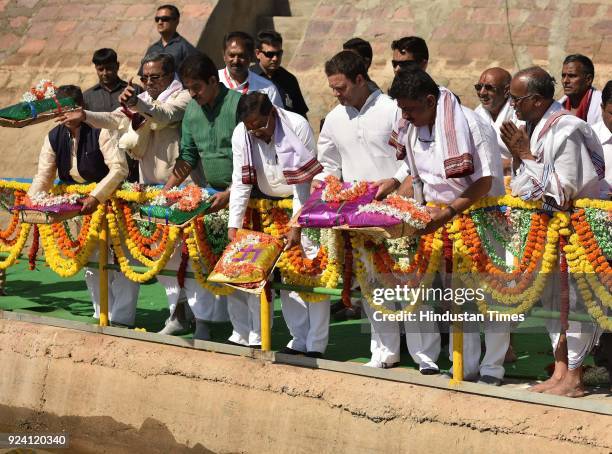 Congress AICC president Rahul Gandhi, Karnataka Chief Minister Siddaramaiah along with other leaders pay their offerings to Chikkapadasalagi barrage...