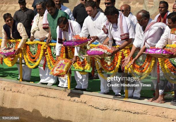 Congress AICC president Rahul Gandhi, Karnataka Chief Minister Siddaramaiah along with other leaders pay their offerings to Chikkapadasalagi barrage...