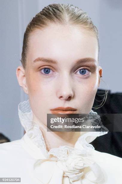 Model Demy Devries is seen backstage ahead of the Philosophy Di Lorenzo Serafini show during Milan Fashion Week Fall/Winter 2018/19 on February 24,...