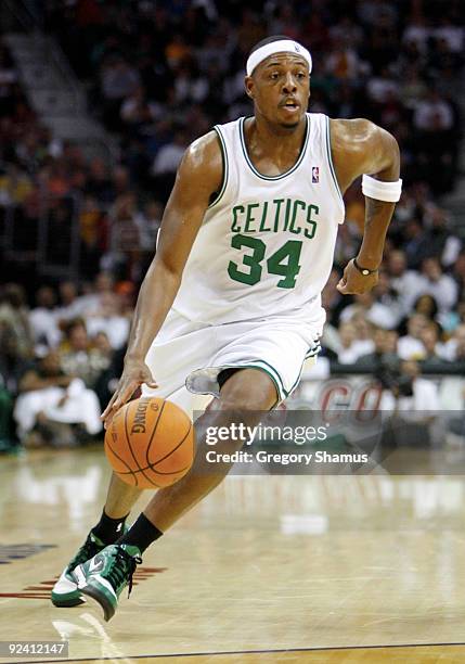 Paul Pierce of the Boston Celtics drives the ball to the basket during the season opener against the Cleveland Cavaliers at Quicken Loans Arena on...