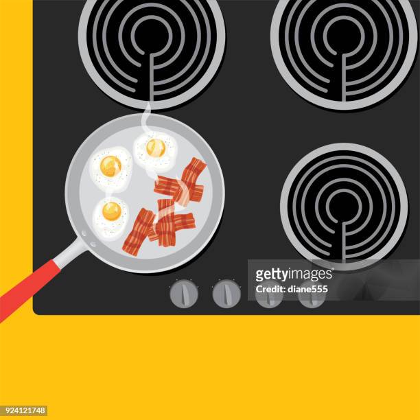 overhead stovetop cooking with pans and food - stove top stock illustrations