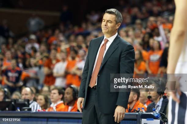 Head coach Tony Bennett of the Virginia Cavaliers reacts to a call in the second half during a game against the Georgia Tech Yellow Jackets at John...