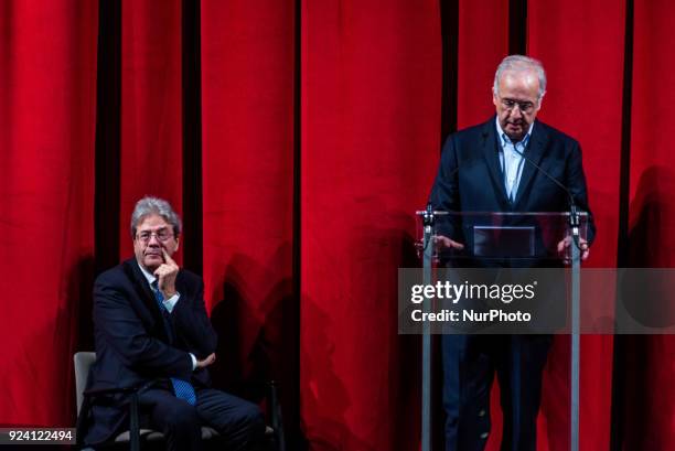 Walter Veltroni deliver a speech aside Prime Minister Paolo Gentiloni during Prime Minister Paolo Gentiloni and Walter Veltroni attend the political...