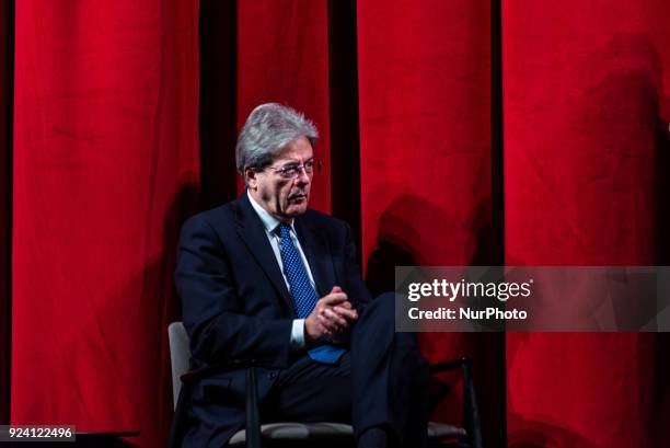 Prime Minister Paolo Gentiloni attend the political event &quot;The ideas of a ruling left&quot; at Teatro Eliseo in Rome, Italy, February 25, 2018.