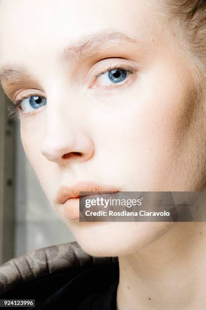 Model Jessie Bloemendaal is seen backstage ahead of the Philosophy Di Lorenzo Serafini show during Milan Fashion Week Fall/Winter 2018/19 on February...