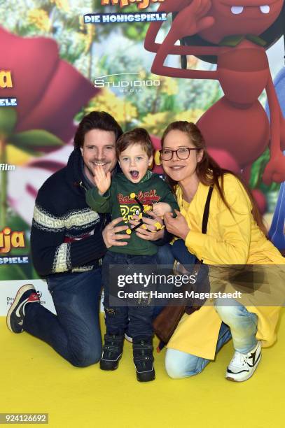 Doreen Dietel and her partner Tobias Guttenberg and their son Marlow during the premiere of 'Biene Maja - Die Honigspiele' at Mathaeser Filmpalast on...