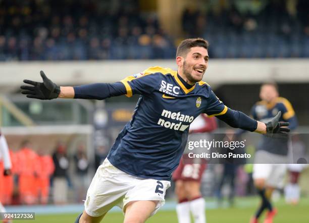 Mattia Vallotti of Hellas Verona celebrates after scoring his team's second goal during the serie A match between Hellas Verona FC and Torino FC at...