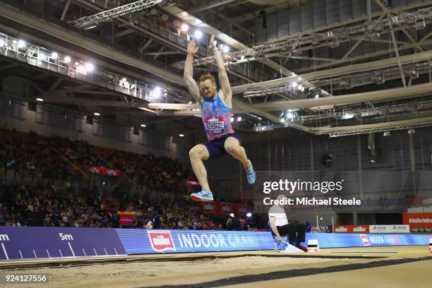 Greg Rutherford of Great Britain in action during the men's long jump during the Muller Indoor Grand Prix at Emirates Arena on February 25, 2018 in...